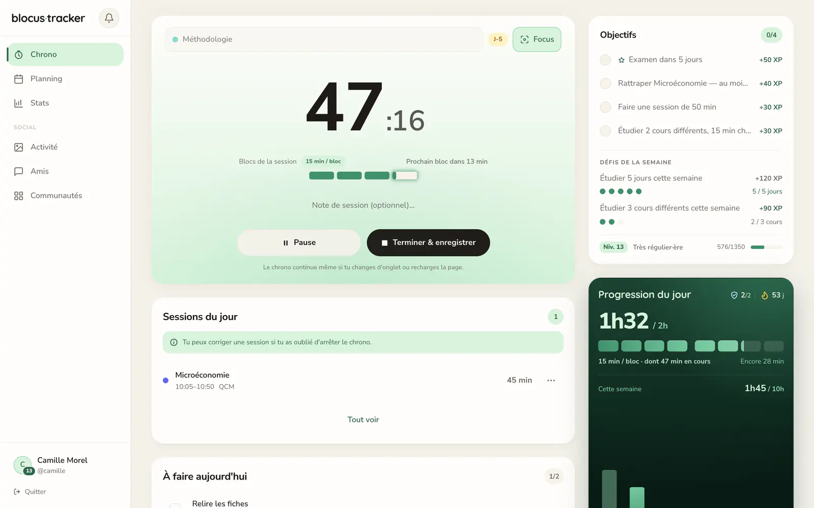 Le Chrono de Blocus Tracker pendant une session de 47 minutes en méthodologie : blocs d'étude, missions du jour et progression de la journée