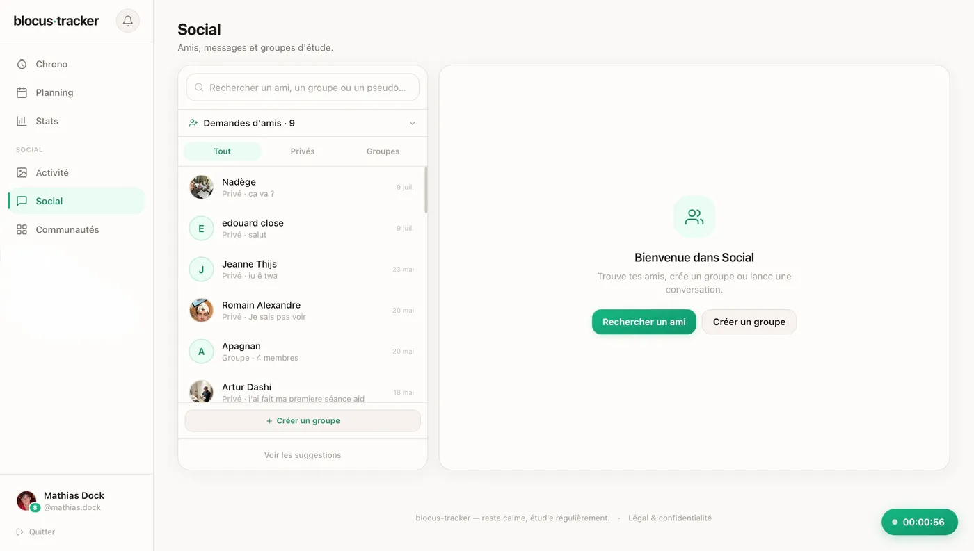 L'espace Social de Blocus Tracker : amis, messages et groupes