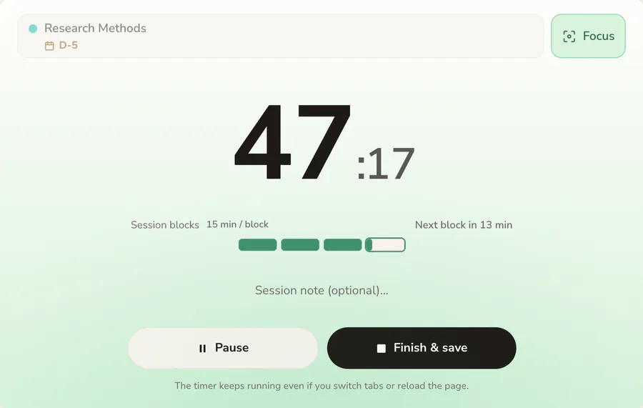 The timer card during a Research Methods session: the time, the 15-minute study blocks, Pause and Finish