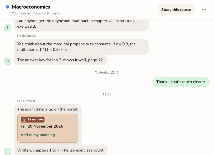 The Macroeconomics course space: the conversation between students and the shared exam date, ready to add to the planner