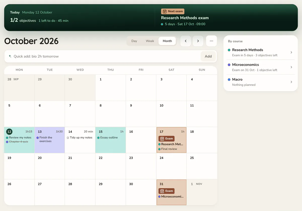 The Blocus Tracker planner in Month view: today's goals, the countdown to the next exam, study days colored by course and the month's exams