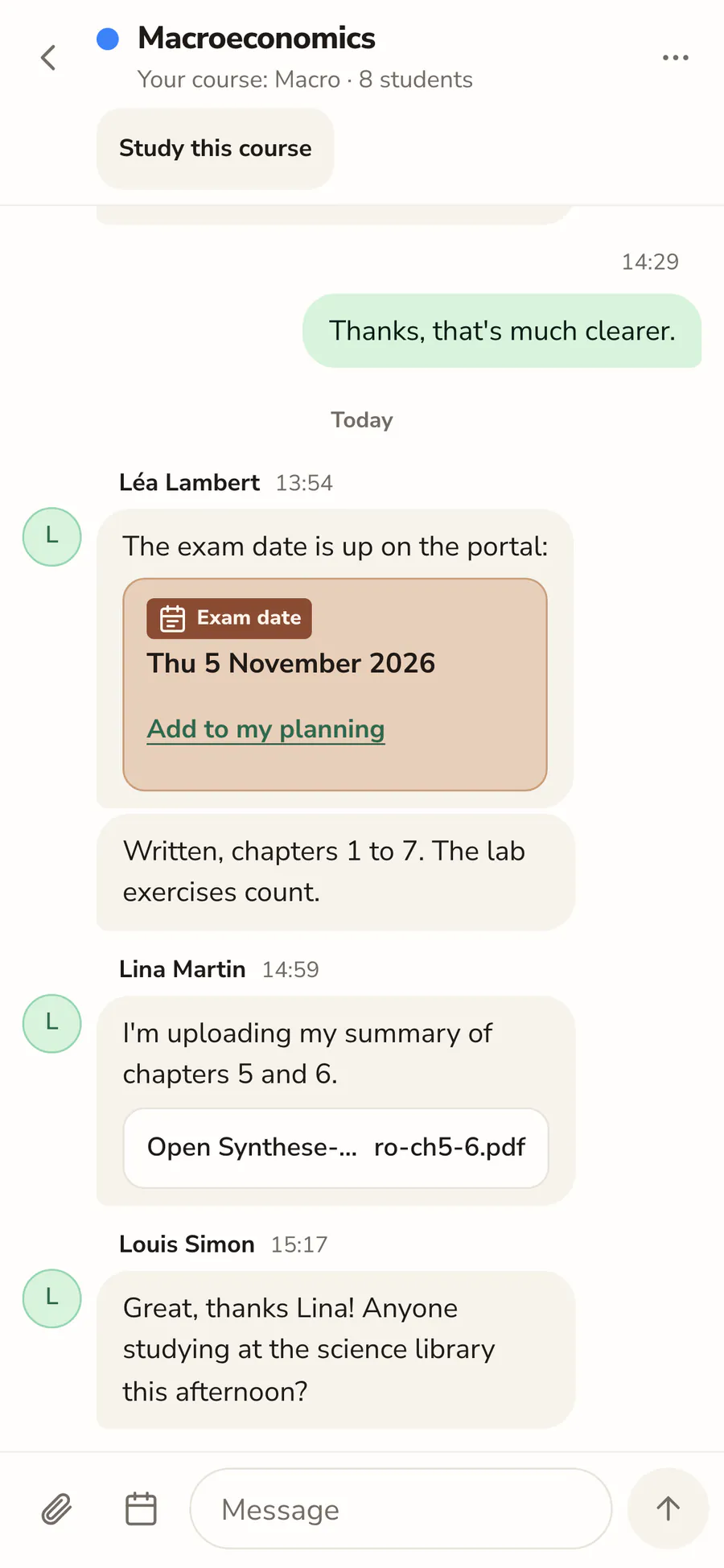 The Macroeconomics course space on a phone: a question between students, the shared exam date and a course summary