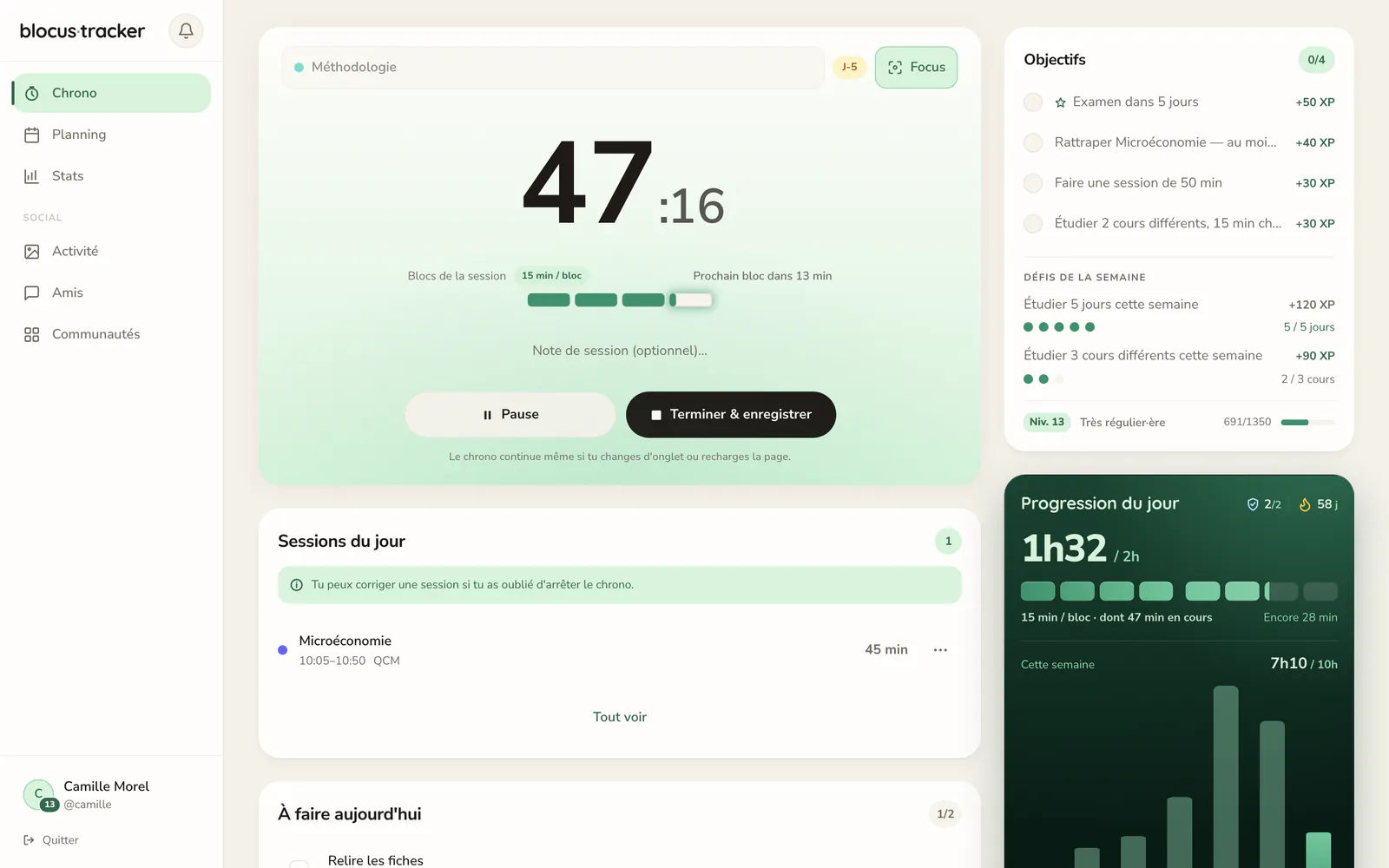 Le Chrono pendant une session de méthodologie, avec les blocs d'étude et les missions du jour