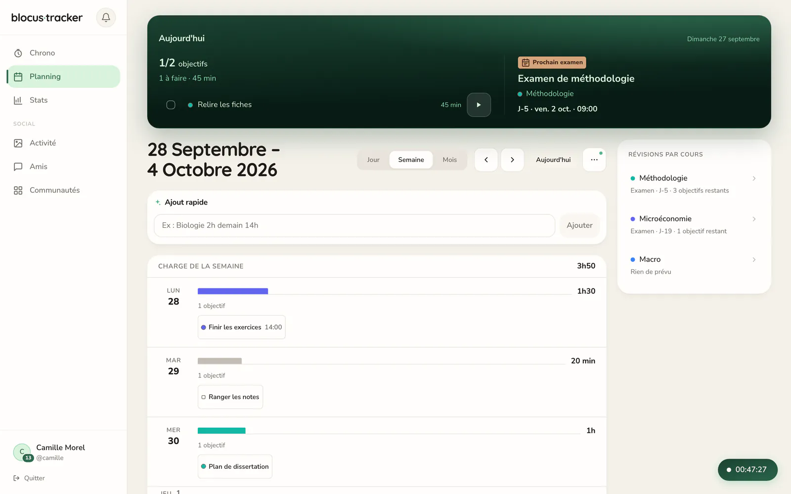 La semaine dans le Planning, avec l'examen de méthodologie et les objectifs par jour