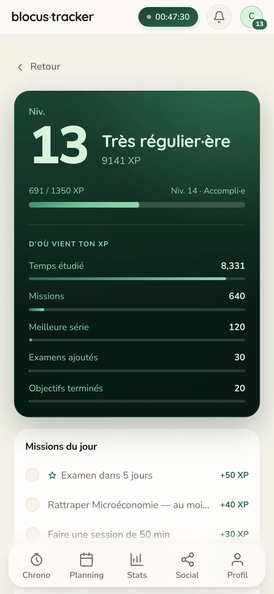 La progression sur téléphone : niveau, XP et missions du jour