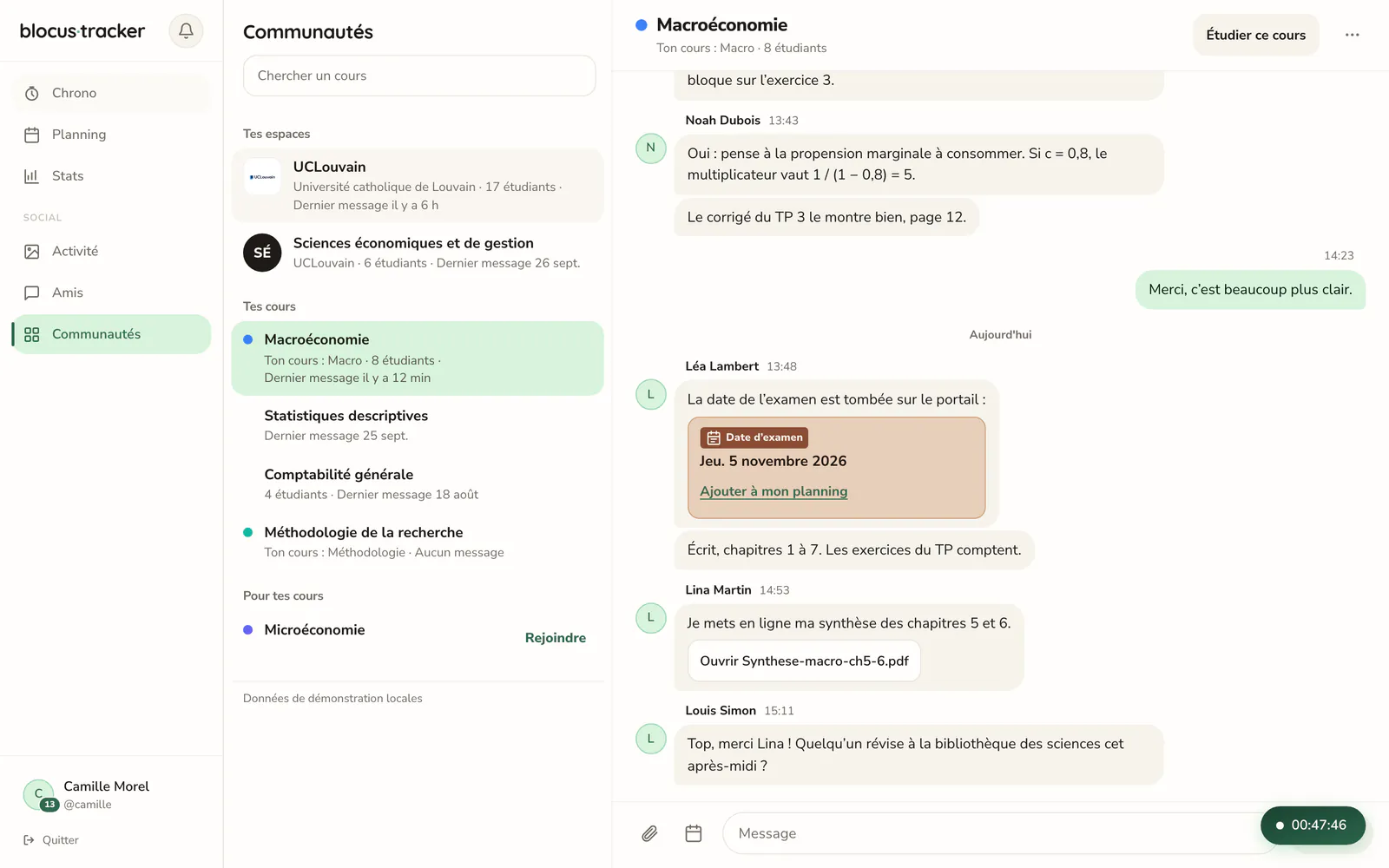 L'espace du cours de macroéconomie : discussion entre étudiants, date d'examen et synthèse partagée